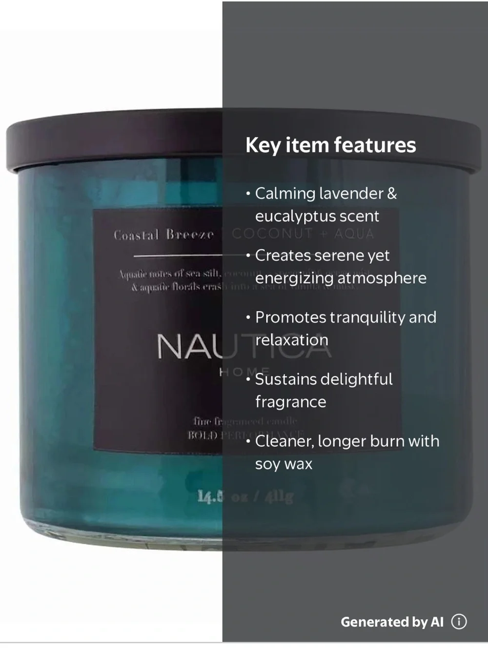 Nautica Coastal Breeze Coconut & Aqua  14.5 oz 3-wick soy wax blend candle new
